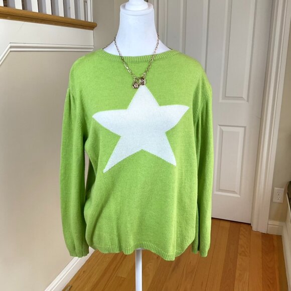 Luella Sweater Cashmere Wool Star Front Round Neck Lime Green White (~L) - Picture 1 of 5